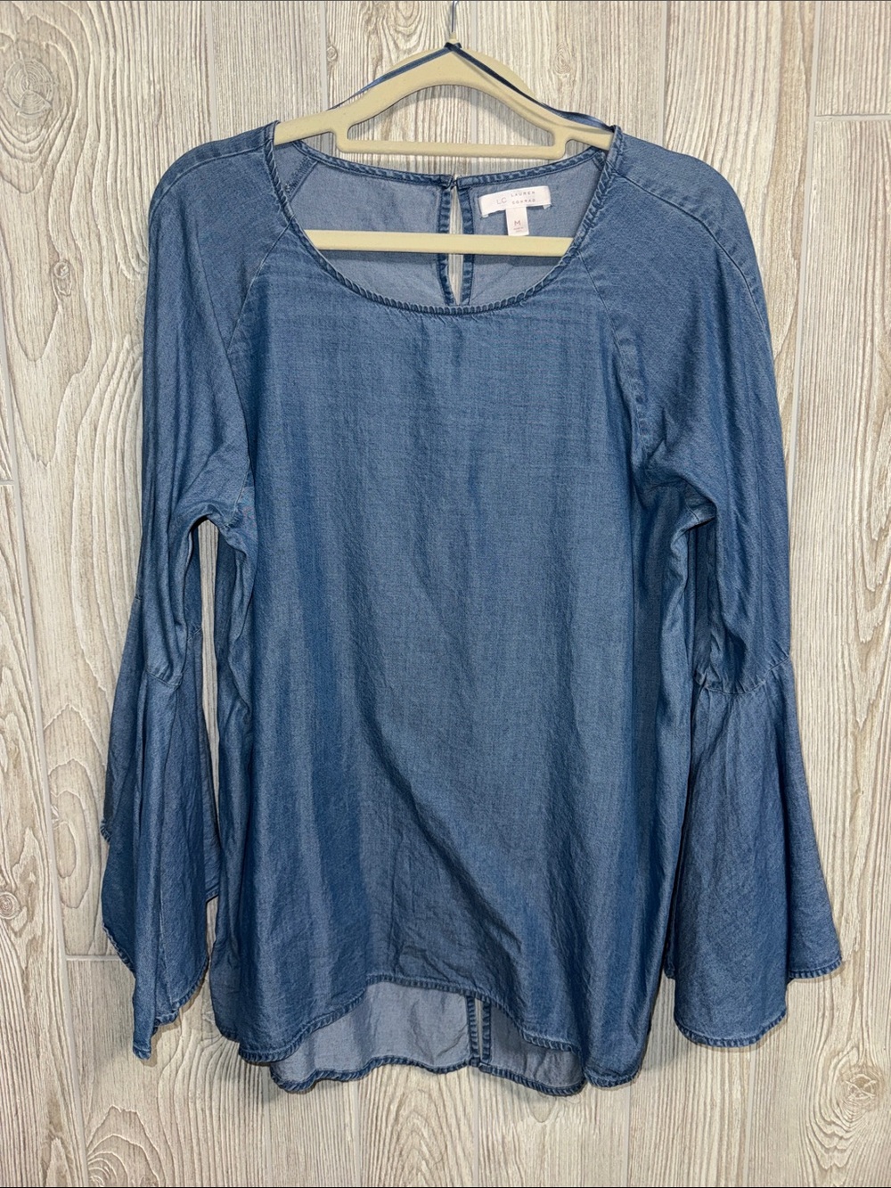LC Lauren Conrad Blue Denim-Look Bell Sleeve Top
